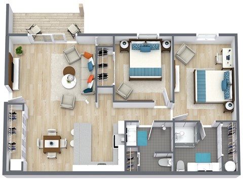 Floor plan for 2 beds, 2 baths, 950 sqft